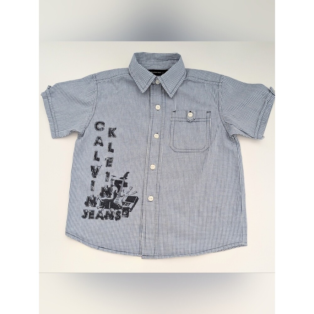 Calvin Klein Boys (3) Blue Gingham Short-Sleeve Button-Down Shirt w/Logo Detail